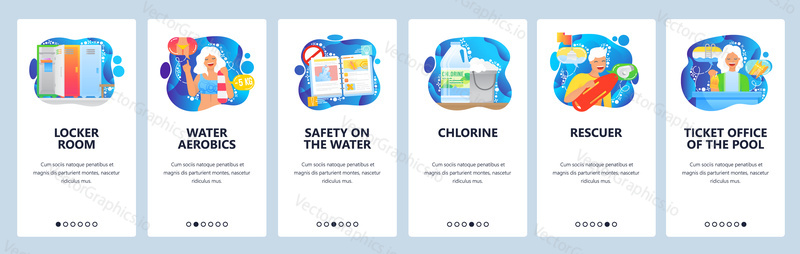 Swimming pool. locker room, rescuer, water aerobics, safety rules. Mobile app onboarding screens. Menu vector banner template for website and mobile development. Web site design illustration.