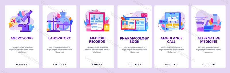 Medical lab microscope, traditional medicine, ambulance call, medical records, chemistry lab. Mobile app screens. Vector banner template for website mobile development. Web site design illustration.