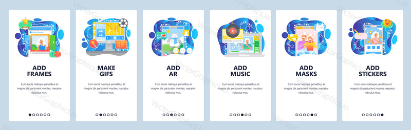 Smartphone applications, GIF, augmented reality games, face mask, stickers, music streaming. Mobile app onboarding screens. Menu vector banner template for website and mobile development. Web site design flat illustration.