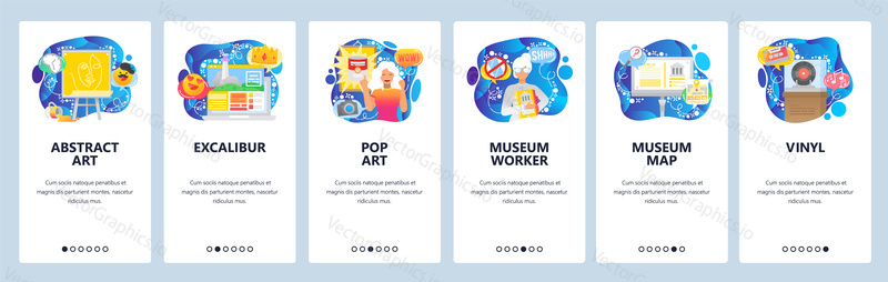 Modern art museum, popart, history exhibition. Mobile app onboarding screens. Menu vector banner template for website and mobile development. Web site design flat illustration.