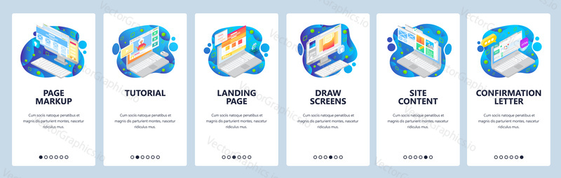 Isometric computer icons, landing page and site wireframe. Mobile app onboarding screens. Menu vector banner template for website and mobile development. Web site design flat illustration.