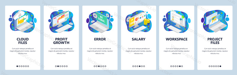 Technology and financial isometric icons, money chart, cloud service, workspace. Mobile app onboarding screens. Menu vector banner template for website and mobile development. Web site design flat illustration.