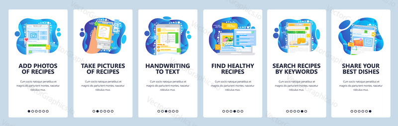 Healthy food recipes online. Upload food photo and share on social media. Cookbook and meal recipe on a phone. Mobile app screens. Menu vector for website development. Web site design illustration.