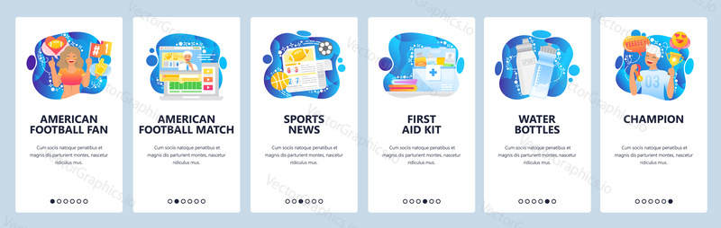 American football female fan, sport news, football player, score, live broadcast. Mobile app onboarding screens. Vector banner template for website and mobile development. Web site design illustration.