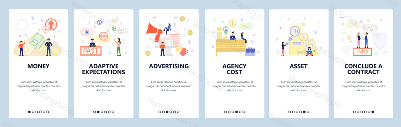Mobile app onboarding screens. Business deal and contract, office desk, money, advertisement, promotion. Menu vector banner template for website and mobile development. Web site design flat illustration.