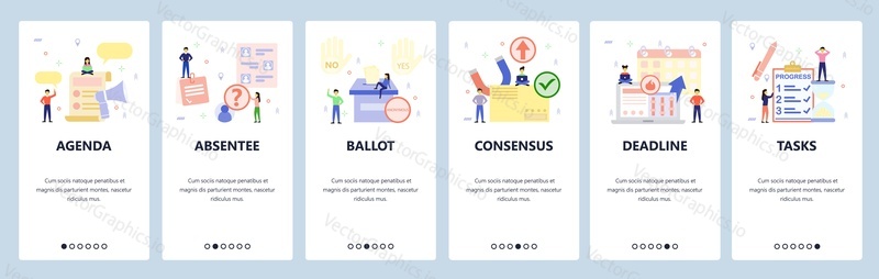 Mobile app onboarding screens. Yes and No hand gesture, ballot, project deadline, to do list. Menu vector banner template for website and mobile development. Web site design flat illustration.