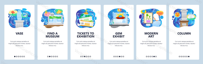 Modern art gallery and historical museum, jewelry exhibition. Mobile app onboarding screens. Menu vector banner template for website and mobile development. Web site design flat illustration.