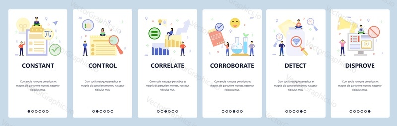 Mobile app onboarding screens. Video marketing and promotion, search, science experiment. Menu vector banner template for website and mobile development. Web site design flat illustration.