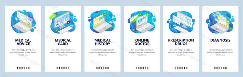 Mobile app screens. Online doctor consultation, health and telemedicine isometric icons, patient medical history. Vector banner template for website and mobile development. Web site design flat illustration.