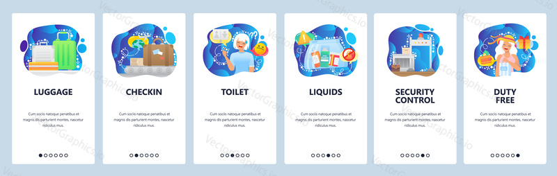 Airport terminal icons, baggage belt, liquids, security control, duty free. Mobile app onboarding screens. Menu vector banner template for website and mobile development. Web site design flat illustration