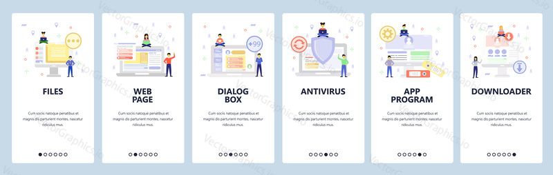 Computer technology icons, antivirus app, download files, online chat. Mobile app onboarding screens. Menu vector banner template for website and mobile development. Web site design flat illustration.