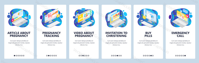 Экраны загрузки мобильных приложений. Материнство и беременность, интернет-аптека, экстренный вызов. Шаблон векторного баннера меню для разработки веб-сайтов и мобильных устройств. Плоская иллюстрация дизайна веб-сайта.