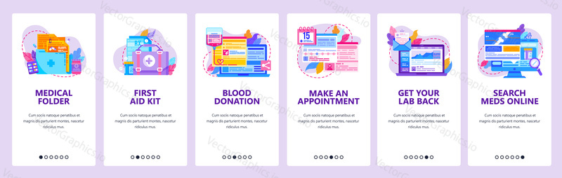 Medical records and patient history. Make appointment with doctor. Blood donation and first aid kit. Mobile app screens. Vector banner template for website mobile development. Web site illustration.