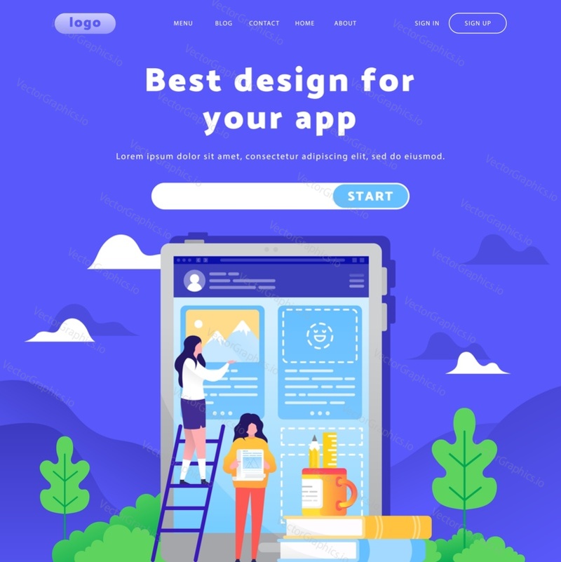 Vector web site design template. Female team build mobile application and website. Landing page concepts for mobile development. Modern flat illustration.