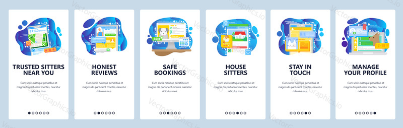 Mobile application to find trusted pet sitters. Dogs and cats care. House sitting. Mobile app onboarding screens. Vector banner template for website mobile development. Web site design illustration.