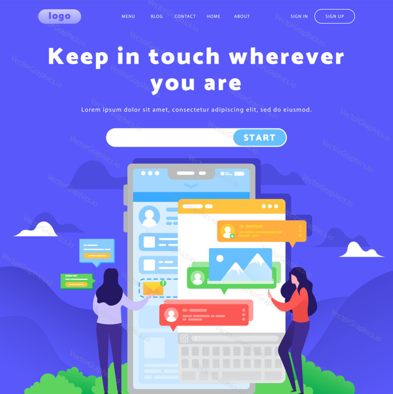 Vector web site design template. Social media and online messaging application, people chat. Landing page concepts for website mobile development. Modern flat illustration.