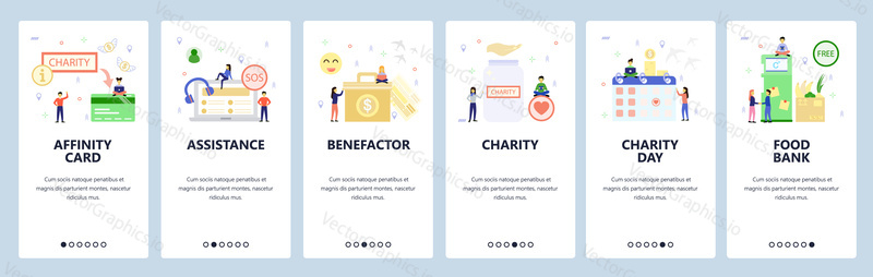 Mobile app onboarding screens. Charity, call center and support, money box, calendar, food bank. Menu vector banner template for website and mobile development. Web site design flat illustration.