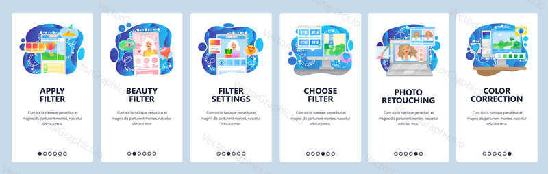 Photo sharing app, filter settings, photo retouch, beauty blog. Mobile app onboarding screens. Menu vector banner template for website and mobile development. Web site design flat illustration.