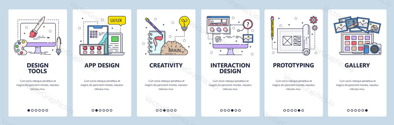 Creativity and design icons, drawing, painting, color palette, photo album, prototyping. Mobile app onboarding screens. Vector banner template for website mobile development. Web site illustration