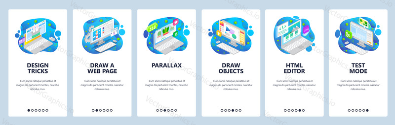 Web development, icometric computer icons, html code. Mobile app onboarding screens. Menu vector banner template for website and mobile development. Web site design flat illustration