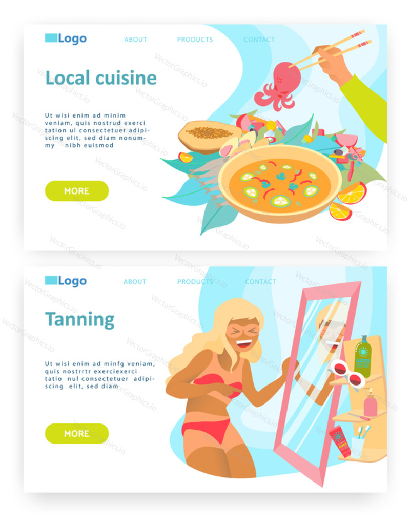Travel concept. Woman with sunburn, local traditional cuisine, beach holiday. Vector web site design template. Landing page website concept illustration.