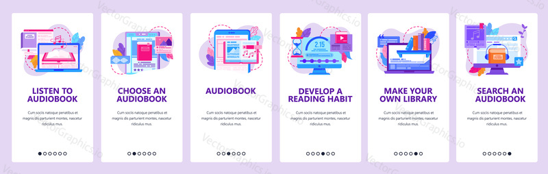Audiobook mobile phone app. Audio books digital library. Onboarding screens. Menu vector banner template for website and mobile development. Web site design illustration.