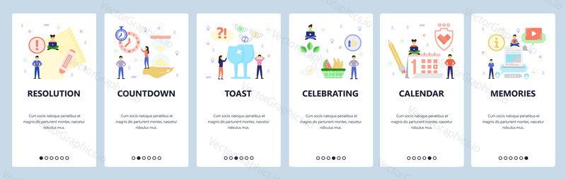 Mobile app onboarding screens. Sandwatch, countdown, holiday, new year, calendar. Menu vector banner template for website and mobile development. Web site design flat illustration.