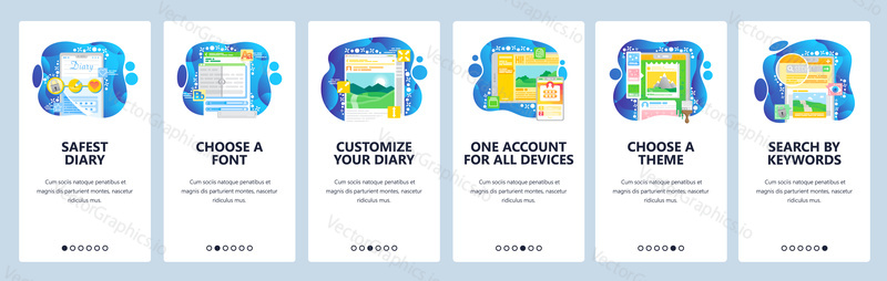 Private online diary app. Blog template, choose font, theme, search. Mobile app onboarding screens. Menu vector banner template for website and mobile development. Web site design illustration.