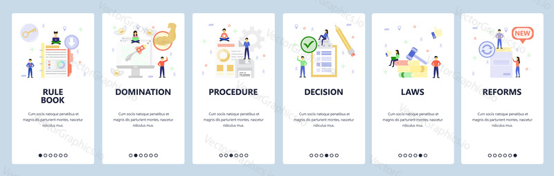 Guide manual book, law, data, business launch. Mobile app onboarding screens. Menu vector banner template for website and mobile development. Web site design flat illustration.