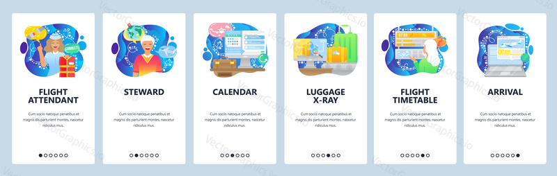 Air travel icons, flight attendant, timetable, arrival, luggage, security check. Mobile app onboarding screens. Menu vector banner template for website and mobile development. Web site design flat illustration