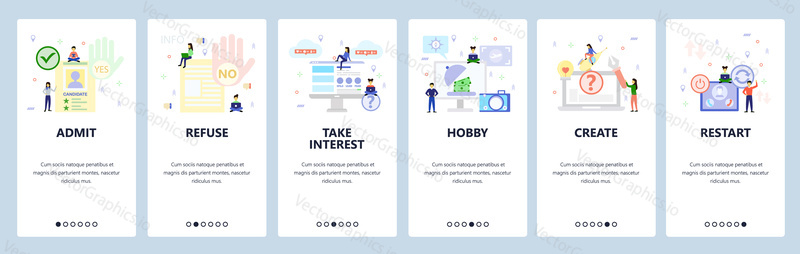 Mobile app onboarding screens. Job application, yes and no hand gestures, make money, phone call. Menu vector banner template for website and mobile development. Web site design flat illustration.