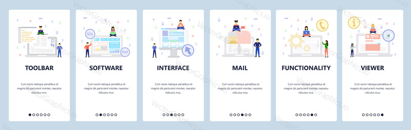 Computer technology icons, interface, software development. Mobile app onboarding screens. Menu vector banner template for website and mobile development. Web site design flat illustration.