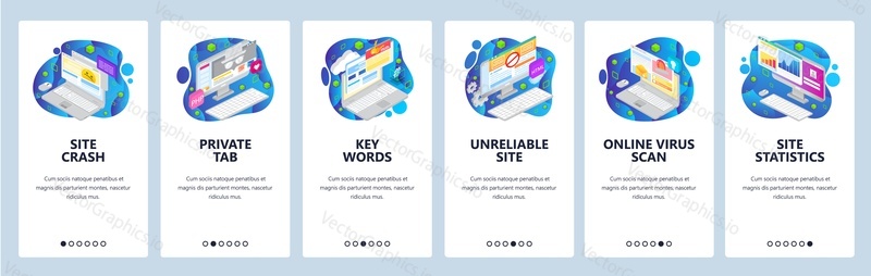 Mobile app onboarding screens. Business charts, isometric computer icons, private browsing, virus scan. Menu vector banner template for website and mobile development. Web site design flat illustration.