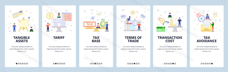 Mobile app onboarding screens. Tax profit balance, business assets, tax avoidance, transaction cost. Menu vector banner template for website and mobile development. Web site design flat illustration.