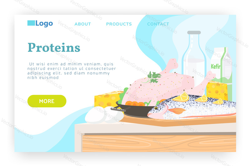Healthy food and balanced ration. Chicken meat and fish, dairy products, milk, eggs. Vector web site design template. Landing page website concept illustration.