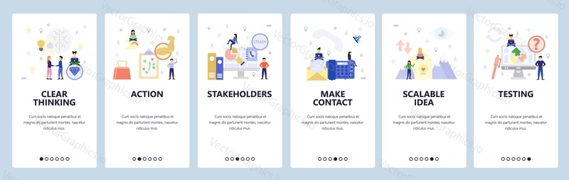 Mobile app onboarding screens. Business strategy, phone and email contact, testing, business deal. Menu vector banner template for website and mobile development. Web site design flat illustration.