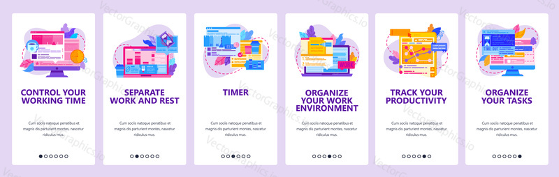 Time management and work productivity. Task organizer, business project management. Mobile app onboarding screens. Vector banner template for website mobile development. Web site design illustration.