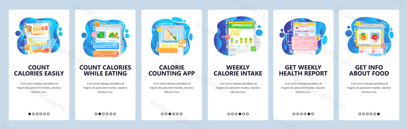 Healthy food and low calories diet. Count calories app. Healthy lifestyle. Mobile app onboarding screens. Menu vector banner template for website and mobile development. Web site design illustration.