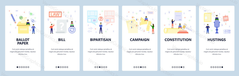 Mobile app onboarding screens. Law and court hammer, marketing campaign, ballot, election. Menu vector banner template for website and mobile development. Web site design flat illustration.