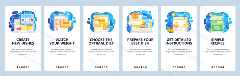 Healthy lifestyle and weight loss diet. Cook healthy food by online recipe. Mobile app onboarding screens. Menu vector banner template for website and mobile development. Web site design illustration.