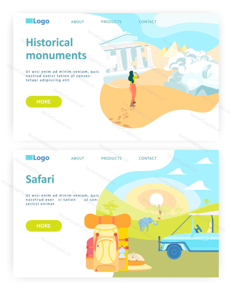Adventure travel concept. Ancient ruin landmark. Safari in africa. Vector web site design template. Landing page website concept illustration.