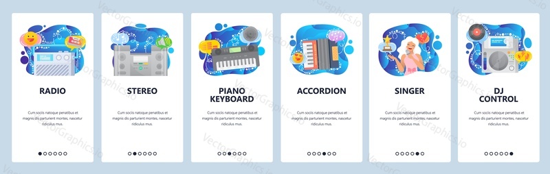 Mobile app onboarding screens. Music tools and audio equipment. Menu vector banner template for website and mobile development. Web site design flat illustration.