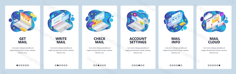 Mobile app onboarding screens. Business emails, write and send message, cloud service. Menu vector banner template for website and mobile development. Web site design flat illustration.
