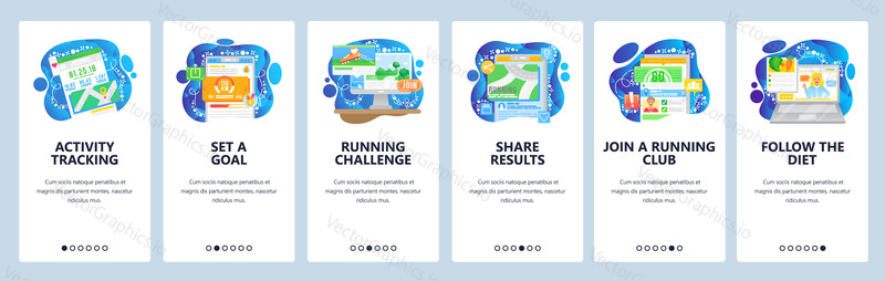 Sport activity tracket and fitness mobile app, set a gol and share results. Mobile app onboarding screens. Menu vector banner template for website and development. Web site design flat illustration.