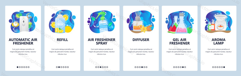 Aroma diffuser, automatic air freshener, aroma lamp, spray. Mobile app onboarding screens. Menu vector banner template for website and mobile development. Web site design flat illustration.