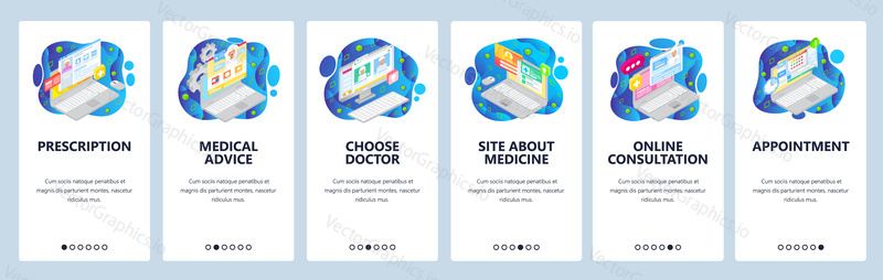 Medical mobile app, online doctor consultation, clinic appointment. Mobile app onboarding screens. Menu vector banner template for website and development. Web site design flat illustration.