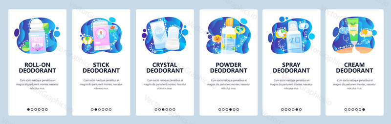 Different types of deodorant, roll-on, stick, cream, spray bottle, body care cosmetics. Mobile app onboarding screens. Menu vector banner template for website and mobile development. Web site design flat illustration