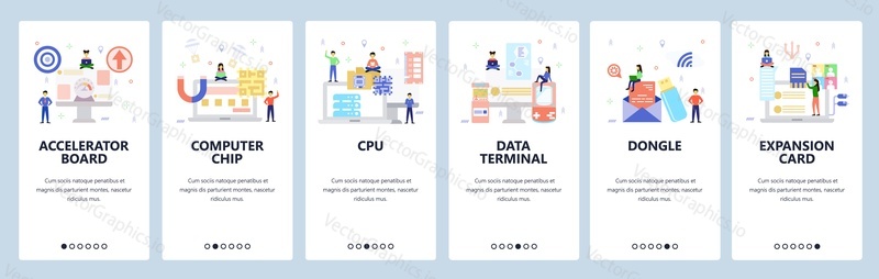 Mobile app onboarding screens.Computer hardware technology, data terminal, computer chip, graphic card, cpu. Menu vector banner template for website and mobile development. Web site design flat illustration.