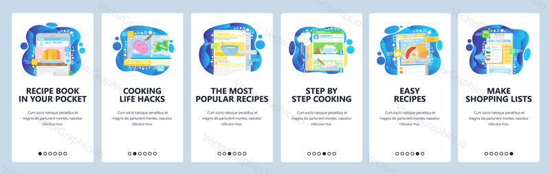 Online cuisine cook recipes. Food cooking guide, kitchen cookbook, ingredients. Mobile app onboarding screens. Menu vector banner template for website mobile development. Web site design illustration.