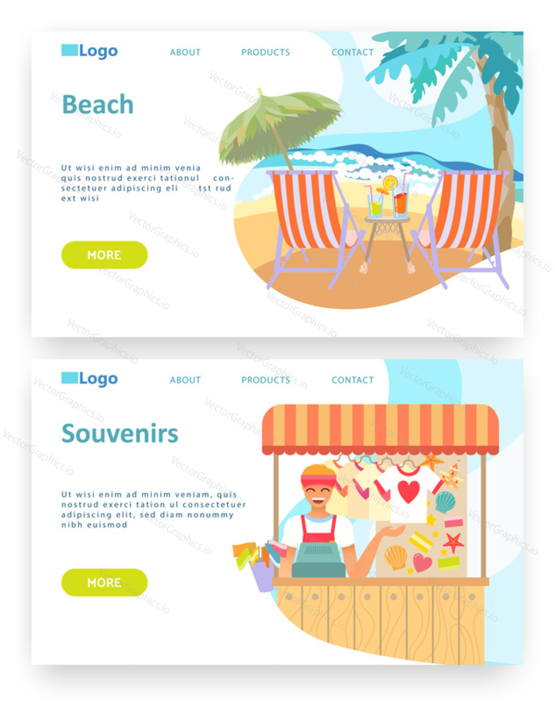 Summer tropical vacation travel. Holiday on a beach concept. Souvenirs shop. Vector web site design template. Landing page website concept illustration.